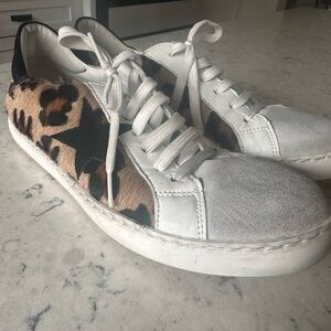 White and Brown Casual Sneakers with Leopard Print and Relaxed Design